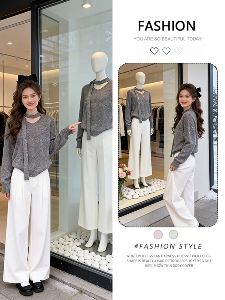 

Sli Long Sve Knitted Sweater Women's V-Ne Overhead Spring New Faion Age-Defng Versatile Base Layer Top