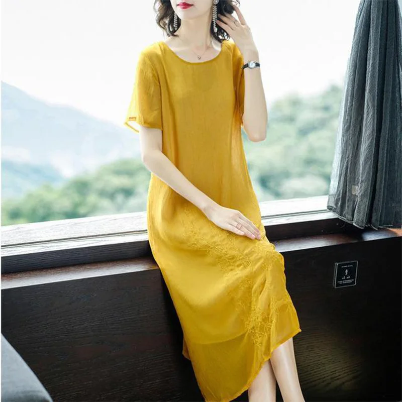 2023 New Chinoiserie Embroidered Dress Round Neck Sheer Solid Color Short Sleeve Pullover Chiffon Vintage Mid Length Dresses