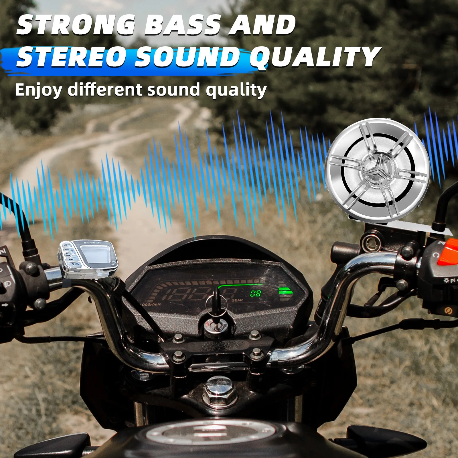 مكبر صوت لمقود الدراجة النارية/بلوتوث مدمج/مشغل MP3/جهاز تحكم عن بعد لاسلكي مقاوم للماء، مناسب للدراجات النارية