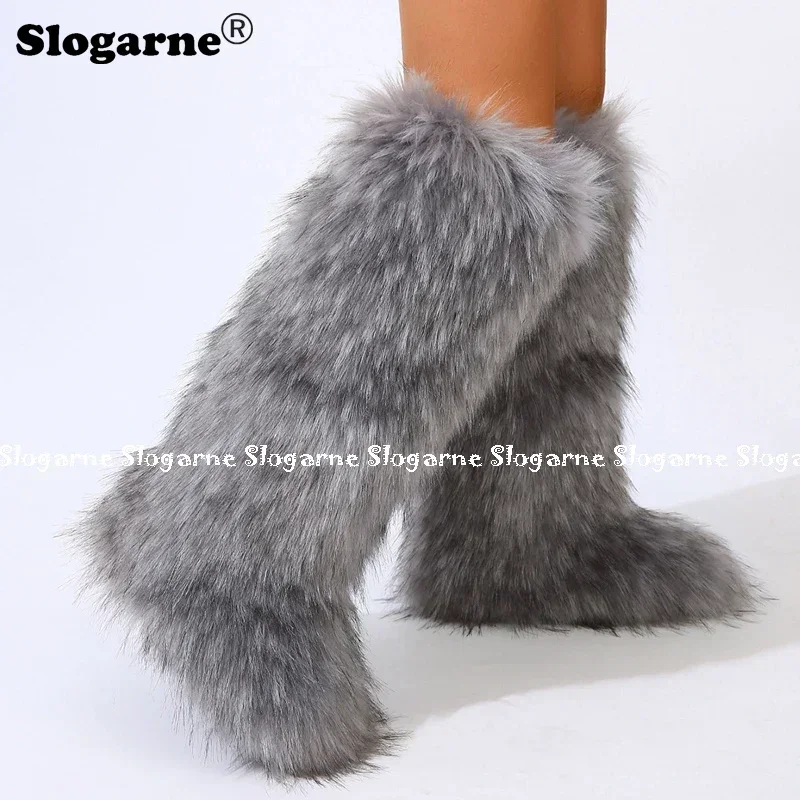 2024 Women Winter Thigh High Fluffy Boots Ladies Furry Faux Fox Fur Long Warm Shoes girls New Designer Plush Knee High Fur Boots