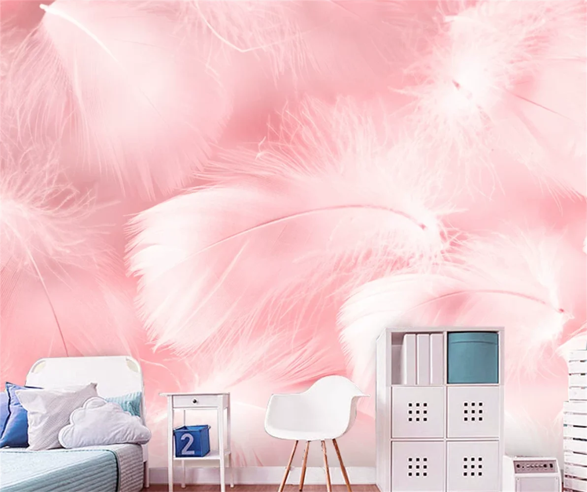 Nordic Fresh Feather Background Wall Pink Beauty Nail Salon Customized Mural Painting Hotel Theme Hotel Wallpaper