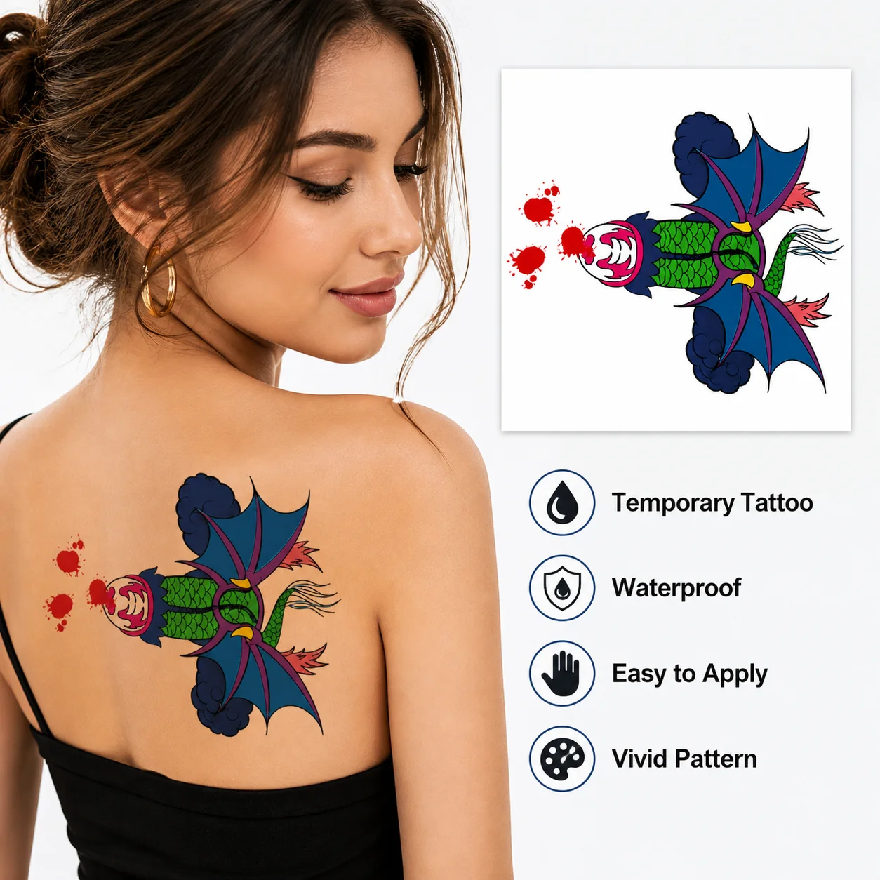 

1 pc Temporary Tattoo Sticker, Colorful Fantasy Dragon Fish Body Art, Waterproof Party Festival Tattoo for Women Men