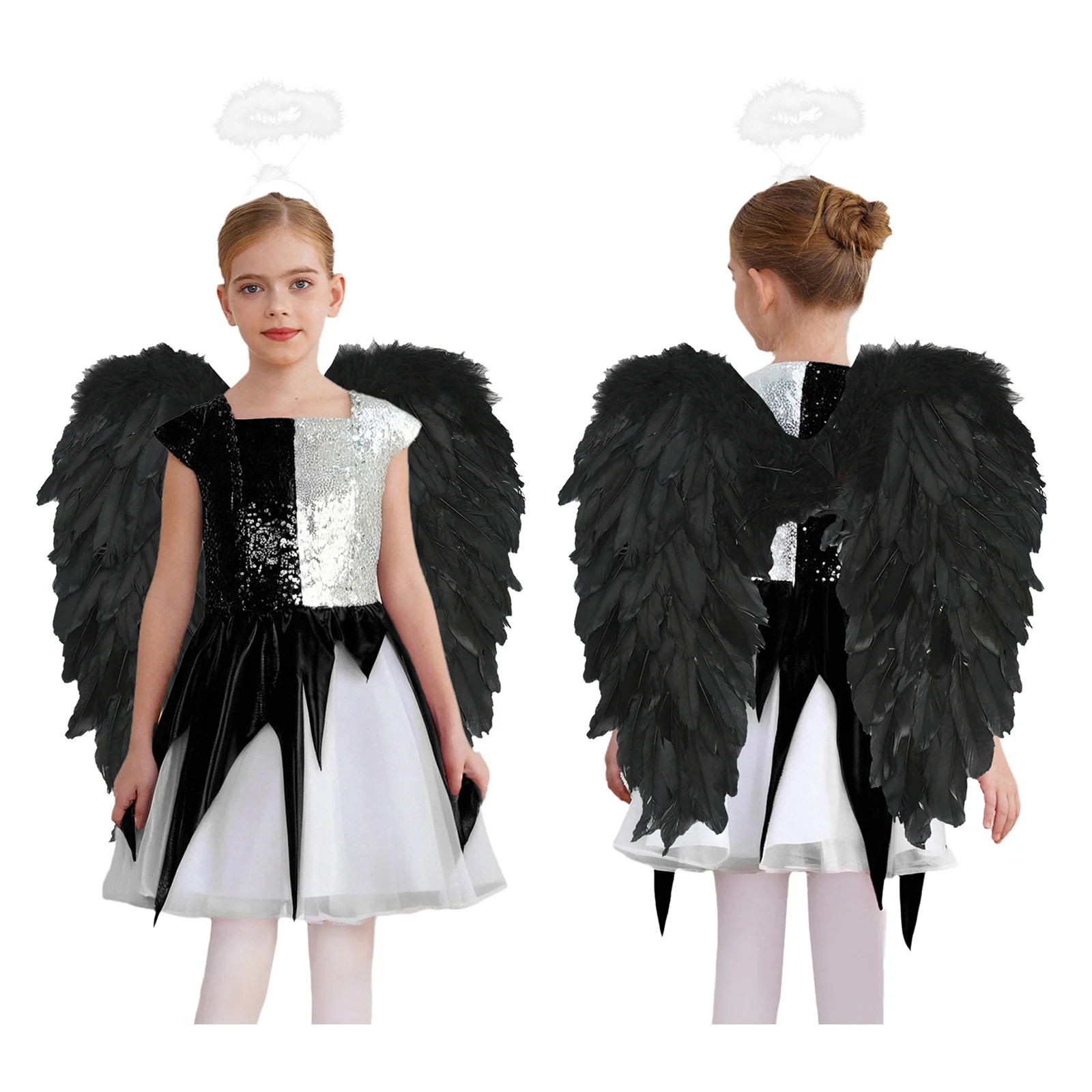 Dziewczęca 3-częściowa sukienka: pół-angiel, pół-démon, cekiny, kwadratowy dekolt, bez rękawów, metaliczny połysk, asymetryczna sukienka z opaską i skrzydłami.