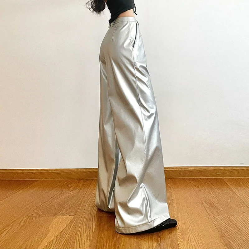 Streetwear Cool Silver High Waist Pants for Women Fashion Casual Loose Wide Leg Floor Dragging Pant Y2k Hip Hop Leather Trousers