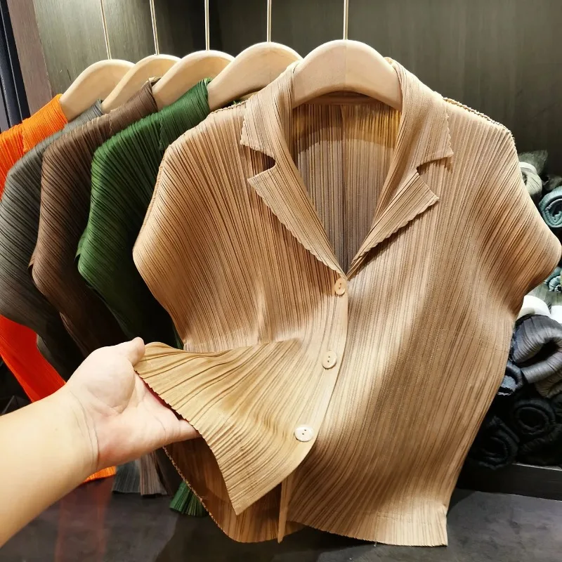Miyake Short Jacket Summer New Temperament Simple Suit Collar Thin Versatile Pleated Solid Color Pleated Short-sleeved Cardigan