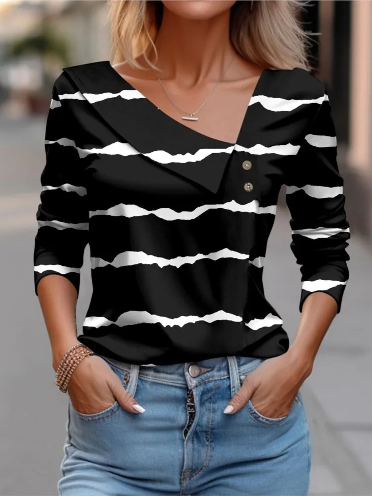 

New T-shirts For Women 2024 Spring Autumn Striped Print Asymmetrical Flower Lace Commuting Tee Slim Vintage Casual Female's Tops