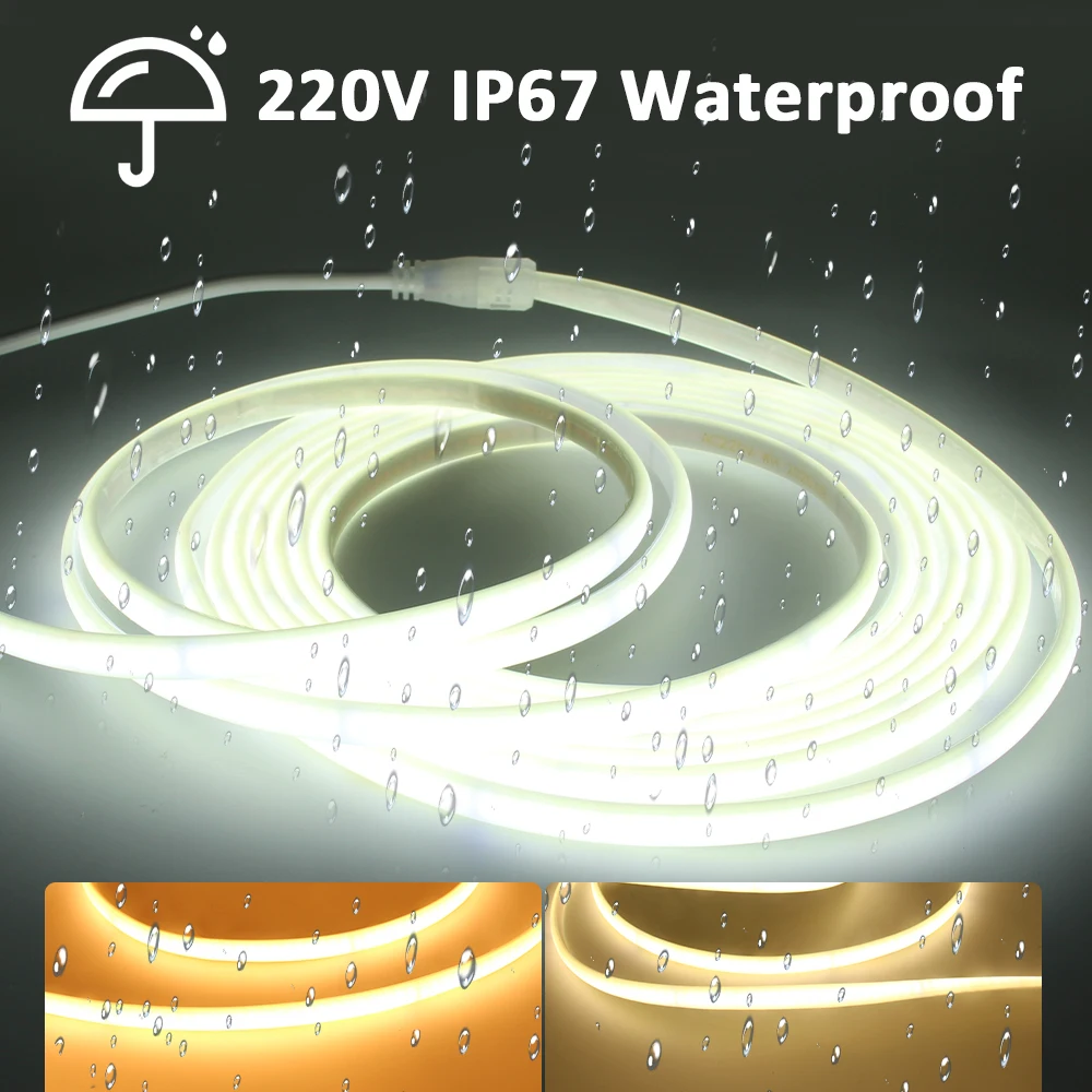 AC 220V COB LED Strip Lights IP67 Waterproof Tape Lamp Warm White Natural White Flexible Ribbon for Outdoor Lighting Decoration
