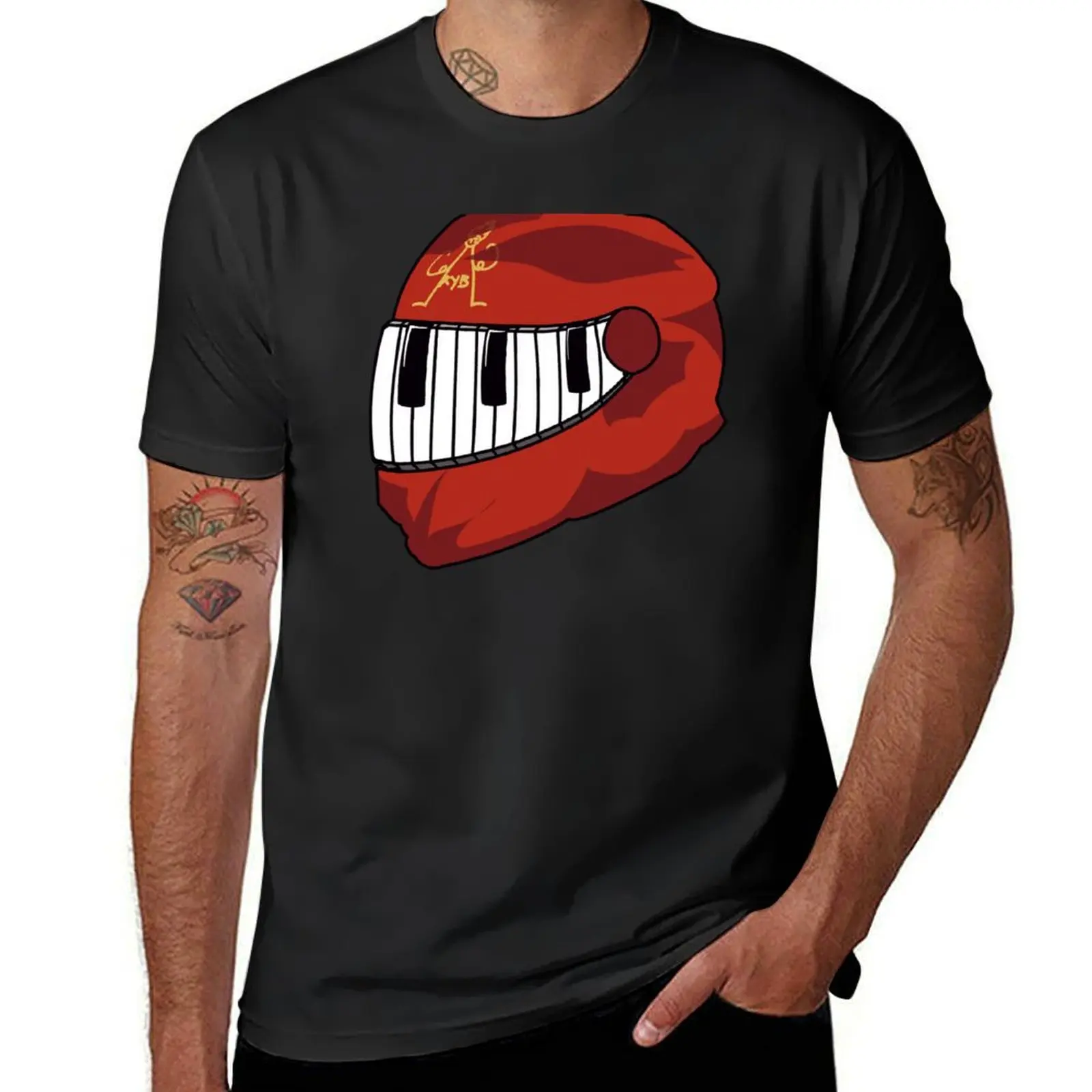 Red motorcycle helmet with piano on the visor. T-Shirt kawaii clothes new edition mens graphic t-shirts anime