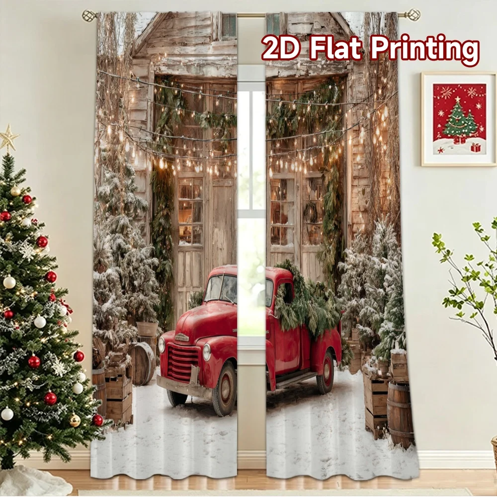 2D flat 2pcs Curtain Modern Minimalist Style Christmas Red Truck Cottage Durable polyester fiber Birthday Party Use for Festive