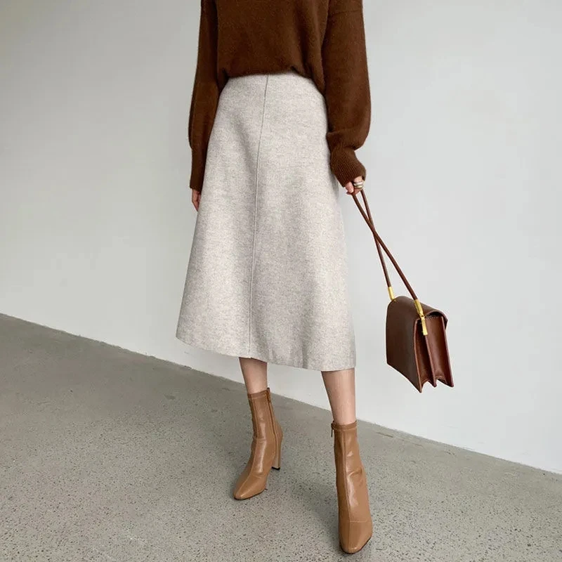 Woolen Skirt Autumn And Winter Skirts Womens A Line Skirt Elegant Long Skirts 2023 New High-Waisted Solid Color All-match Faldas