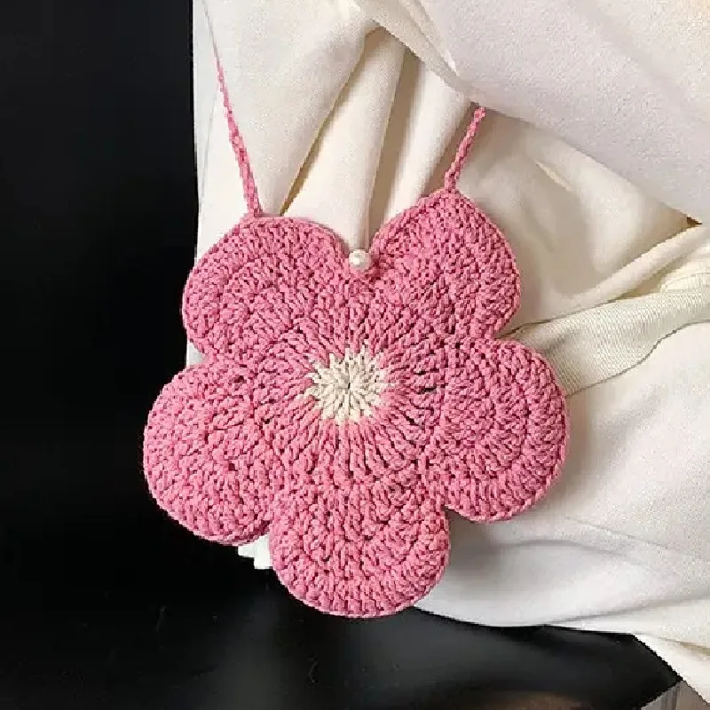 Hand woven flower cross body bag, mobile phone bag, key bag, paper towel bag, 5-petal flower cute shoulder bag