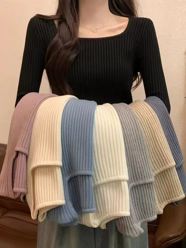 AOSSVIAO 2026 Autumn Winter Women Square Neck Knit Pullover Slim‑Fit Fleece‑Lined Elegant Long‑Sleeve Sweater Low‑Cut Inner Top