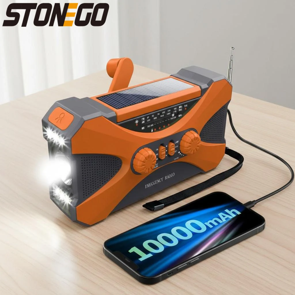 

Solar Hand Crank Rechargeable LED Emergency Flashlight with 10000mAh Power Bank Dual Speaker Radio Portable Lantern SOS Alarm