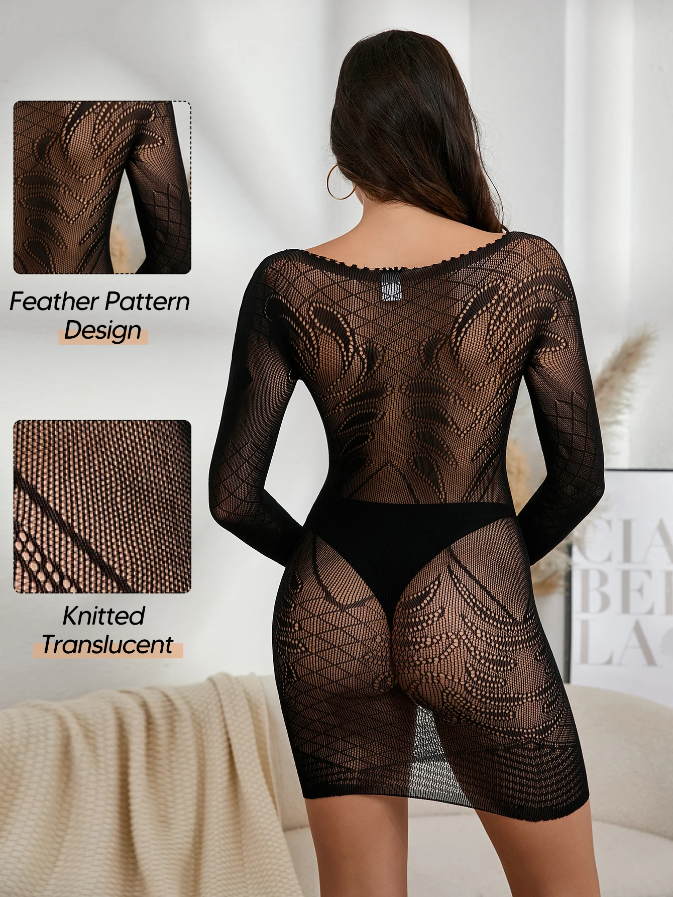 Dames visnet mini-jurk sexy pure mesh lingerie transparante babydoll nachtjapon lange mouw stretch ondergoed rok