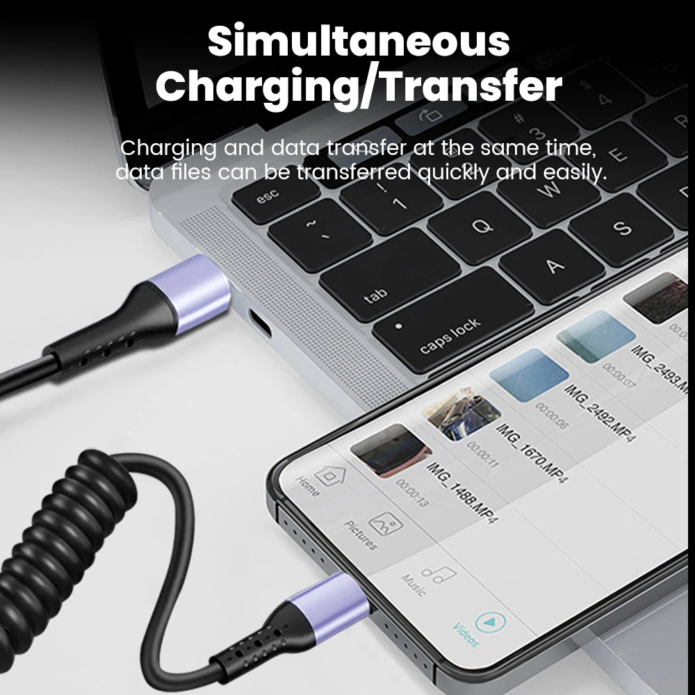 Spring Retractable Cable USB Type C 6A 66W Fast Charging 90 Degree Type C To USB C Cable For iphone Android CarPlay Data Cord