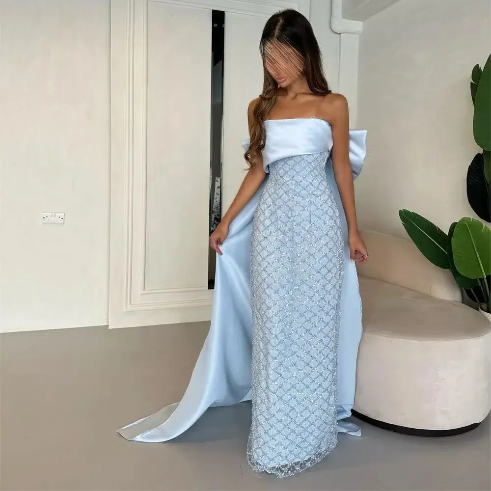 Prom Dresses Fashion Elegant Strapless Sheath Party Dress Floor Length Court Sleeveless Bows Satin Formal Evening Gowns Summer