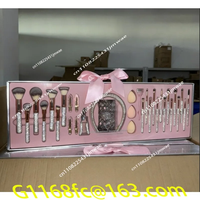 Hot-selling 32 Pieces, Luxury Diamond-encrusted Makeup Brush Set, Headband, Hair Clip, Eyelash Comb, Storage Bucket.