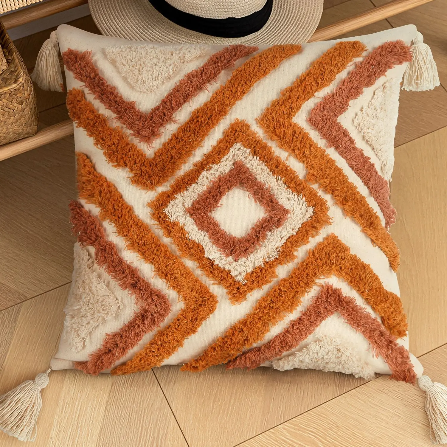 

Bohemian Tufted Decorative Pillow Covers Orange Yellow Linen Cushion Cover with Tassel Geometrical Throw Pillow Cover Home Decor