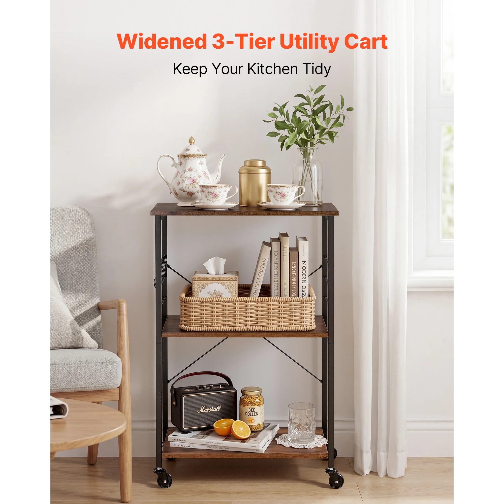 SucceBuy Kitchen Utility Cart 3 Tier 23.7 in Microwave Stand Coffee Cart Service Trolley on Wheels with 8 Hooks for Mini Oven