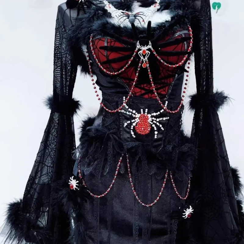 유럽풍 아메리칸 레트로 섹시 레이스 여성 드레스 오리지널 디자인 2025 여름 신상 고스 스윗 쿨 슬림 얇은 홀터넥 드레스