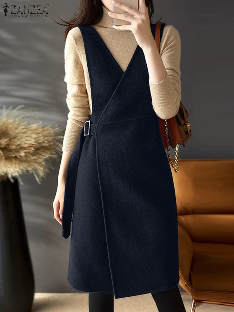 Women Autumn OL Work Dress ZANZEA Stylish Party Work Sundress V-Neck Sleeveless Tanks Vestidos Solid Belted Dress Oversize 2025