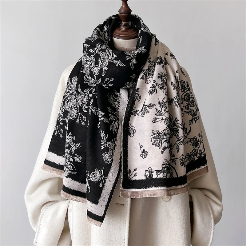 2024 Double-Sided Floral Printing Designer Lady Winter Women Scarf Cashmere Thicken Warm Shawl Pashmina Female Wrap Neckerchief