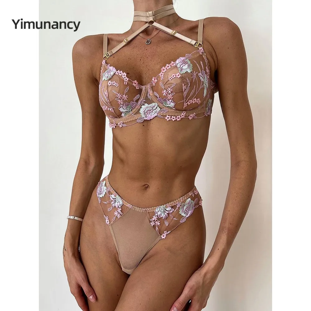 Yimunancy Embroidery Intimates Set Women Halter Bra + Mesh Panty Underwear Set Sexy Lingerie Everyday