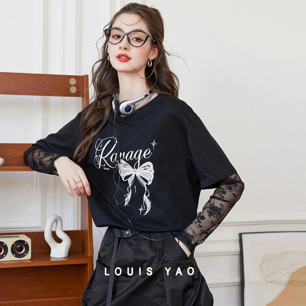 LOUIS YAO Y2K T-Shirt Chic Street Wear Top 2025 Autumn Lace Print Women Fake Two-Piece Round Neck Patchwork Long-Sleeve T-Shirt
