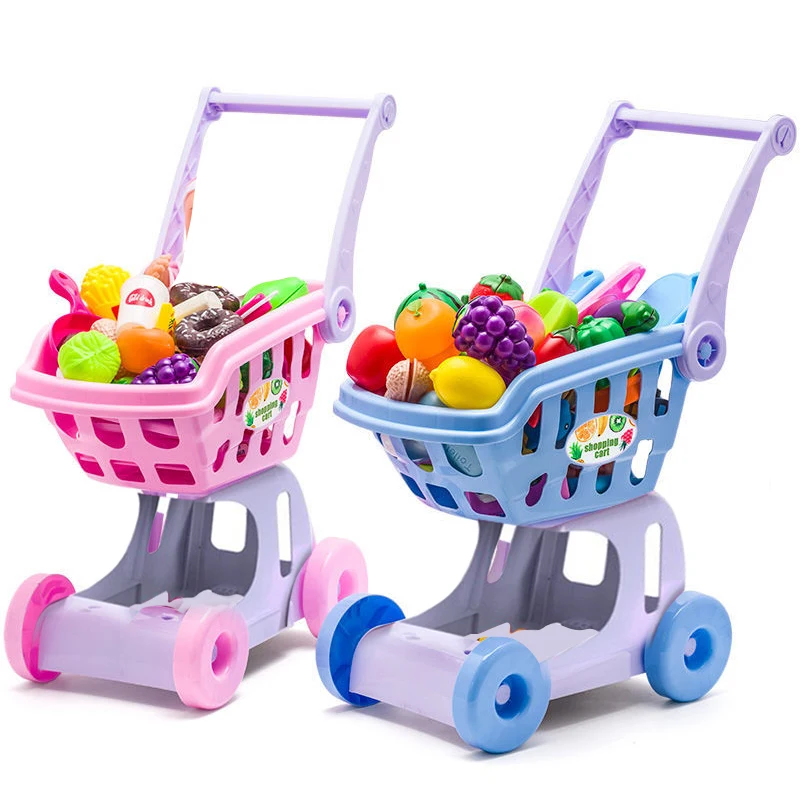 Pink Shopping Trolley Cart Supermarket Trolley Push Car Toys Basket Mini Simulation Fruit Food Pretend Play Toy for Children