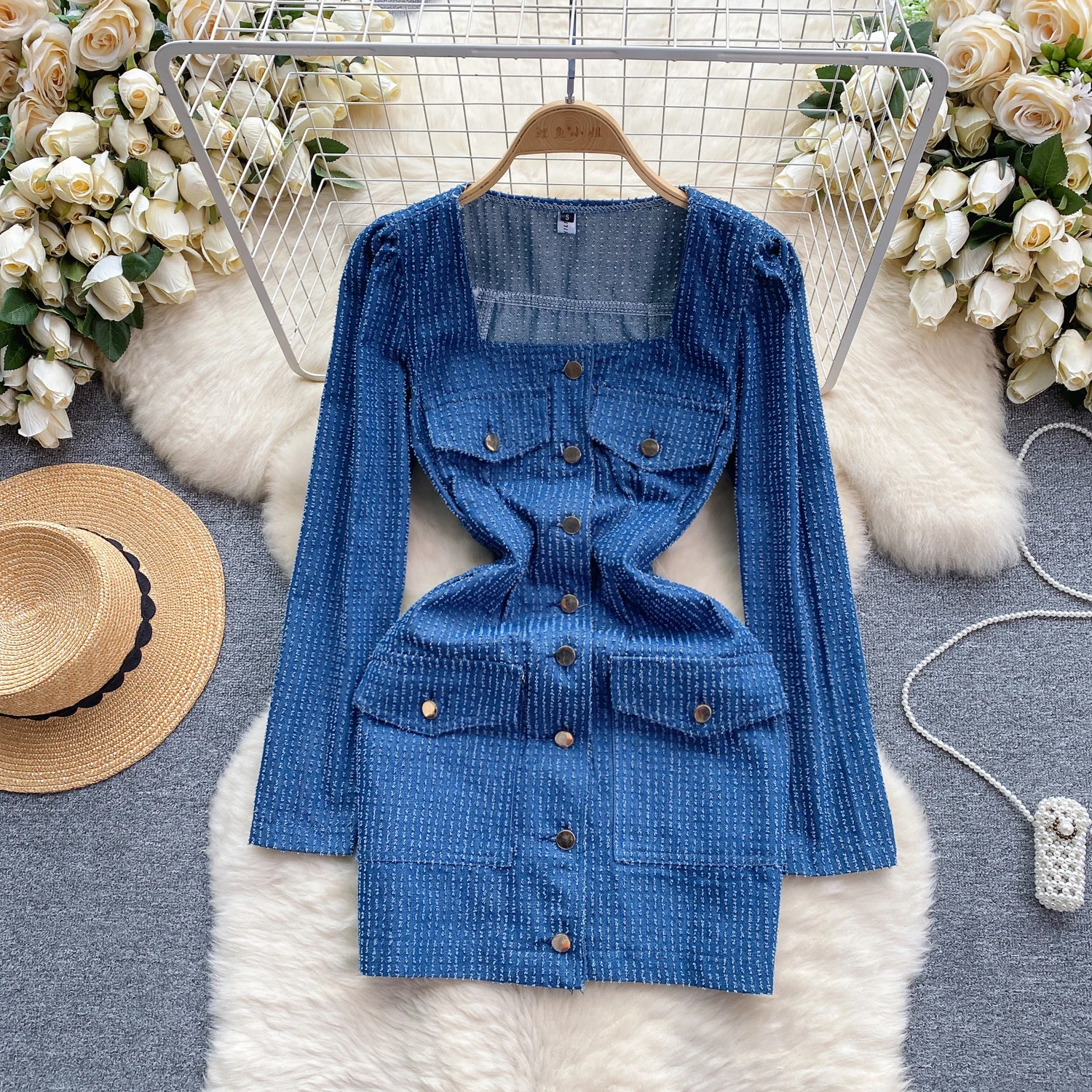 Women Designer Denim Vestidos Big Pocket Single Breasted Square Collar Belt Slim Short Temperament Pack Hip Denim Mini Dress