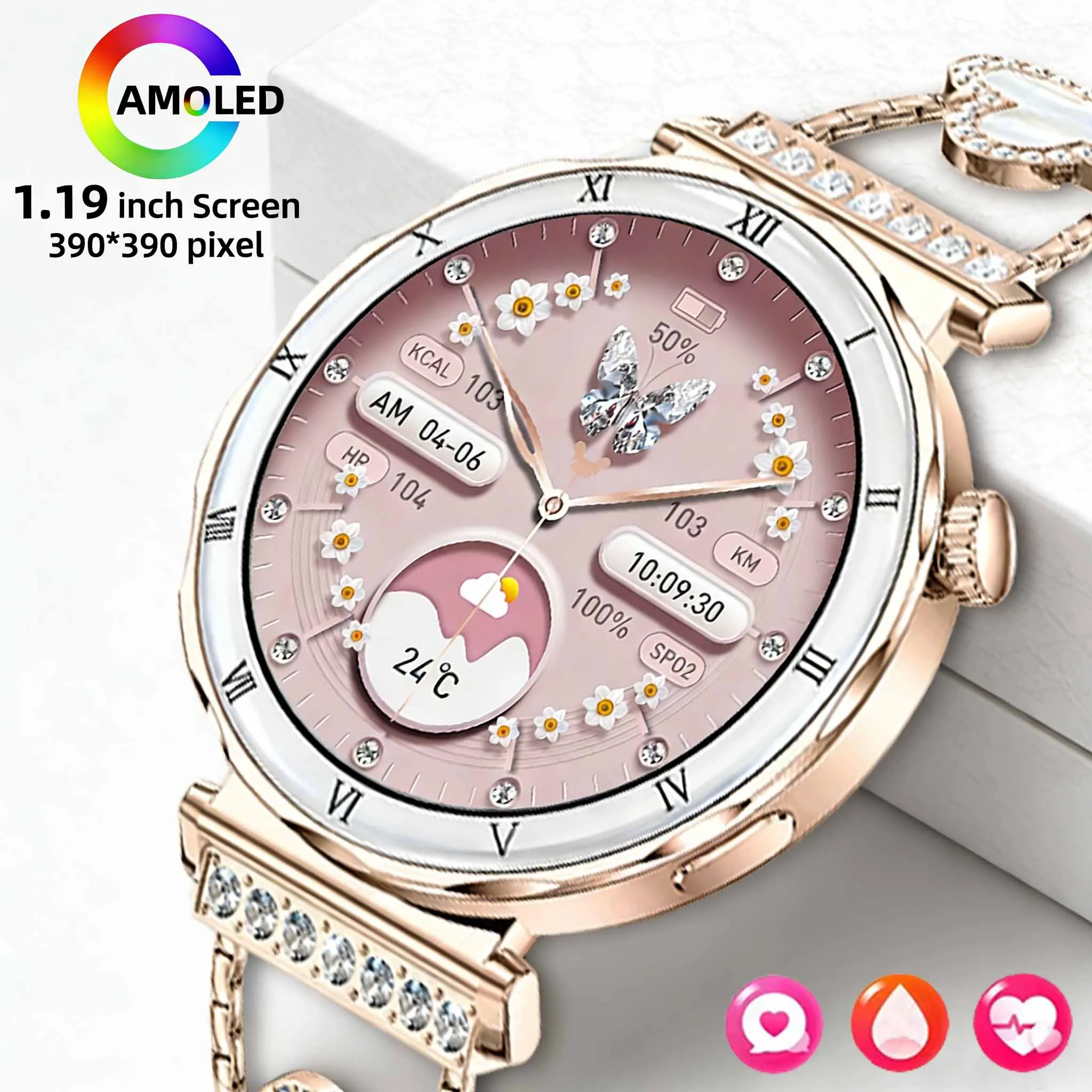 

LIGE Women Smart Watch 1.19" AMOLED HD Display Time Diamond Luxury Bracelet Heart Rate Monitor Clock Waterproof Smartwatch Men