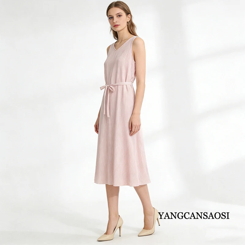 فضفاض 100% حرير التوت الطبيعي كريب دي تشاين الحد الأدنى الخامس الرقبة الوزن الثقيل بلا أكمام الدانتيل يصل حزام المرأة سترة فستان