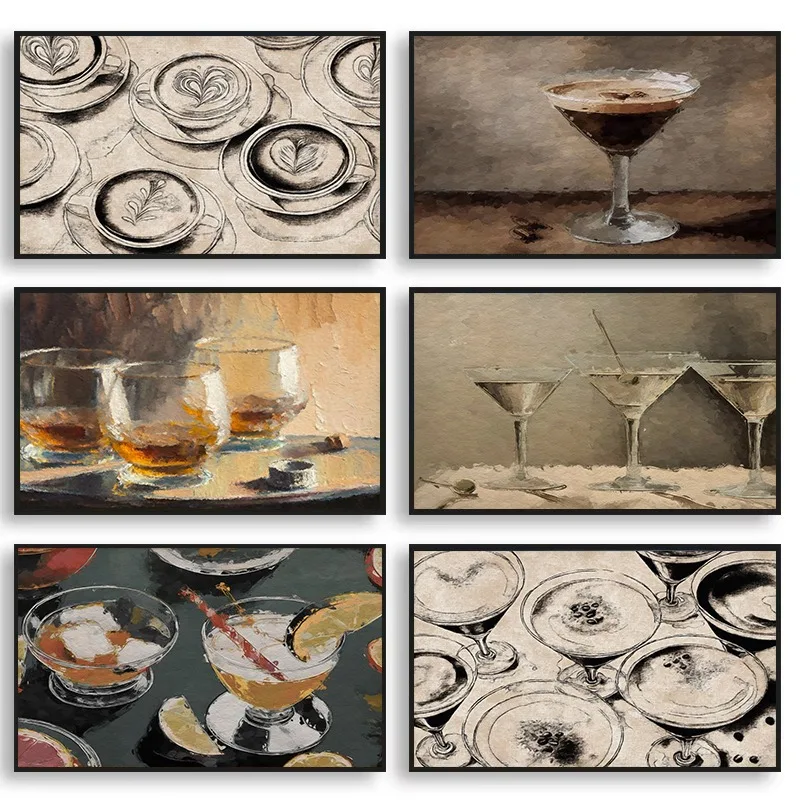 Vintage Cocktail Poster Espresso Martini Whiskey Glasses Art Print Moody Alcohol Painting on Canvas Rustic Bar Cart Wall Decor