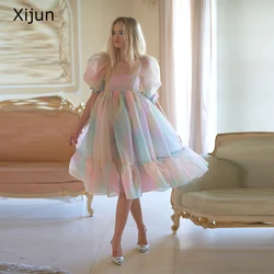 Xijun Rainbow Colorful Prom Dresses Short Puff Sleeves Party Dresses Birthday Ankle Length Prom Gowns Ruffles Prom Dress Fairy