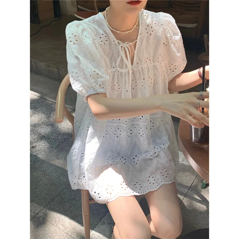 MEXZT Sweet White Blouses Women Elegant Hollow Out Lace Up Shirts Summer Streetwear Korean Puff Sleeve Baggy Casual Chic Tops