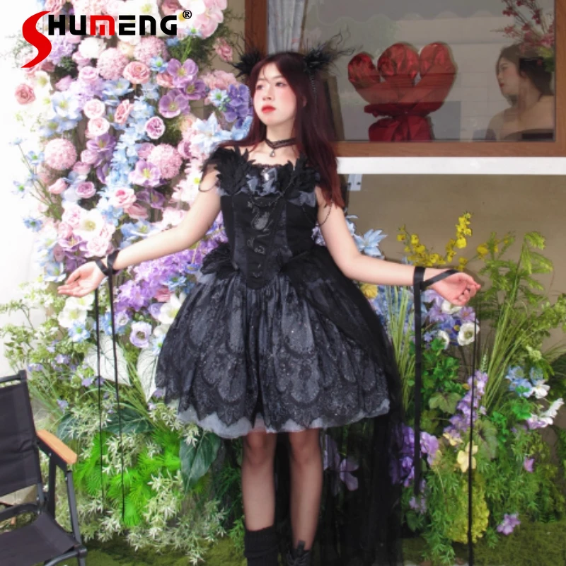 

Japanese Original Halloween Party Dresses Ladies Haute Couture Dress Daily Wear Dark Black Gothic Lolita Slimming Y2k Vestidos