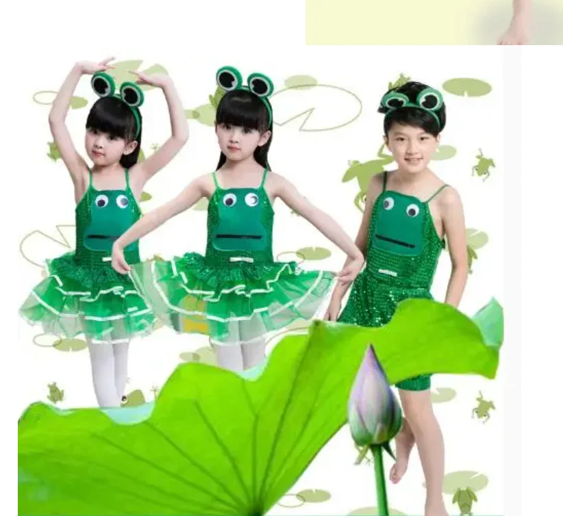 1pcs/lot modern dance frog costume girl boy performace sequin dress frog clothing