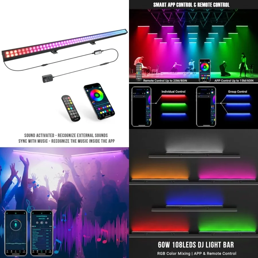 LED:60W Dual-Row LED with 08 LEDs - Remote and App Control - Sound Activated Music Sync - Aluminium Construction for Events DJ