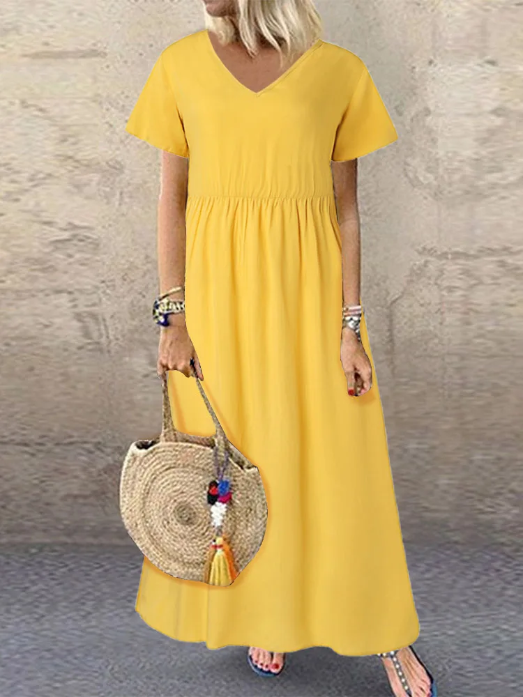 ZANZEA Summer Women Solid Sundress V Neck Short Sleeve Casual Dress Femme Kaftan Vintage Vestidos Loose Dresses Oversized