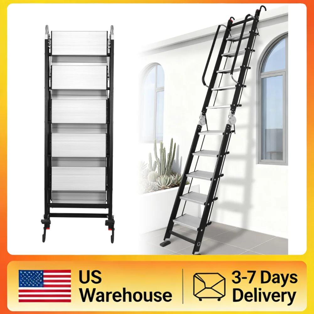 Escalera Plegable de Aluminio de Alta Resistencia, Capacidad de Carga de 330 lb, 9.5 pies, 10 Peldaños, Antideslizante, con Pasamanos, Apta para Alturas de 7.8 a 8.8 pies