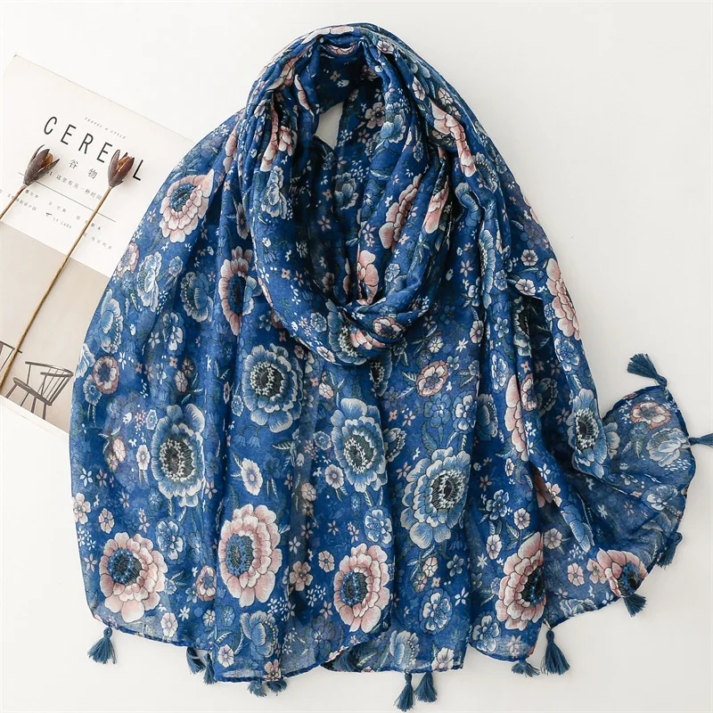 2024 Newest Women Floral Pattern Printed Pattern Scarf Cotton Voile Scarf Shawls