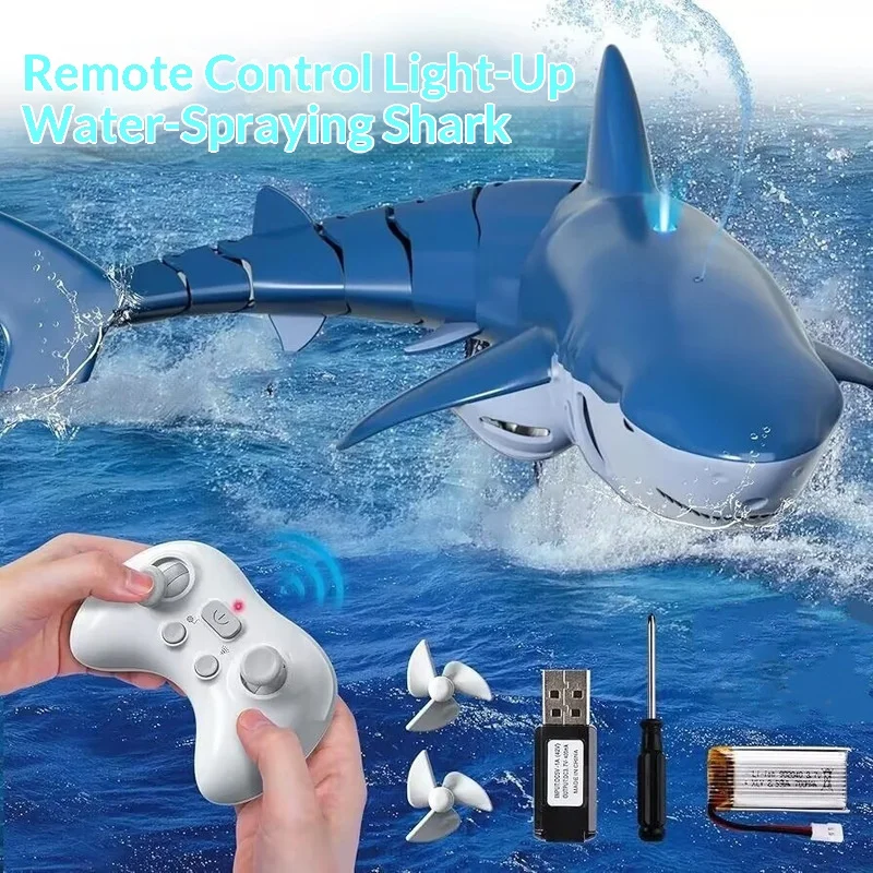 

Remote Control Rechargeable Shark 2.4G Simulation Swing With Led Light Water Spouting For Pool Lake River Outdoor Activity