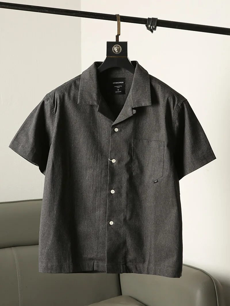 

Summer New Vintage Hong Kong Sle Cuban Collar Men's Comfortable Versatile Loose Casual ort Sve irt Trendy Pure Color
