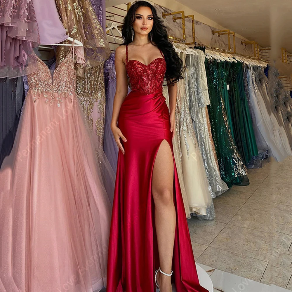 

Gorgeous Red Women Evening Dresses Fascinating Side High Slit Mermaid Sleeveless Slimming Lace Print Party Customized Prom Gowns