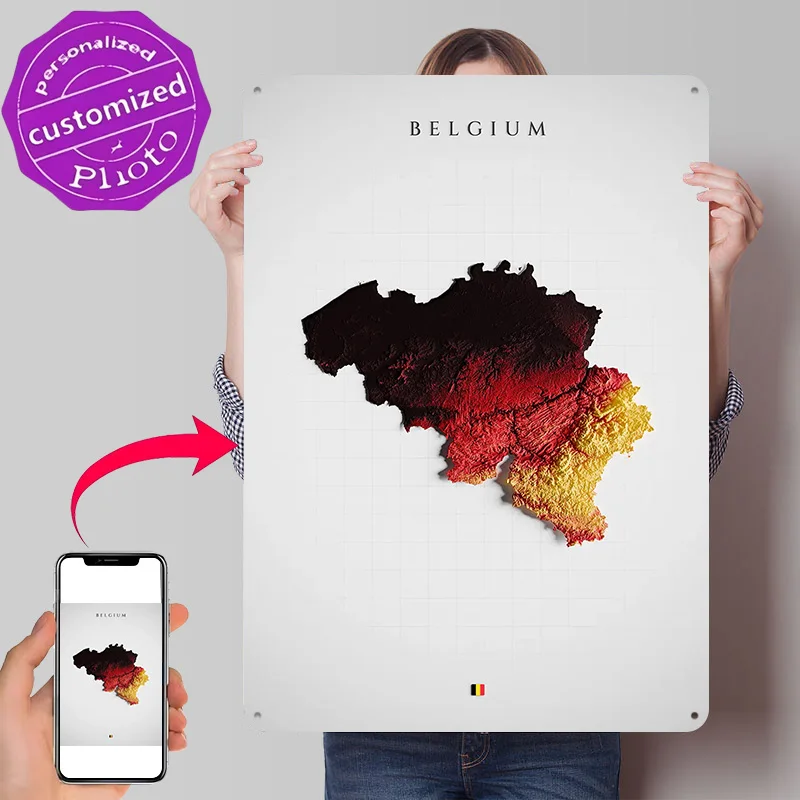 Belgium Relief Study - Color Shaded Terrain Map Metal Poster Perfect Gift for Fans Lovers Personalized Wall Art Metal Sign for