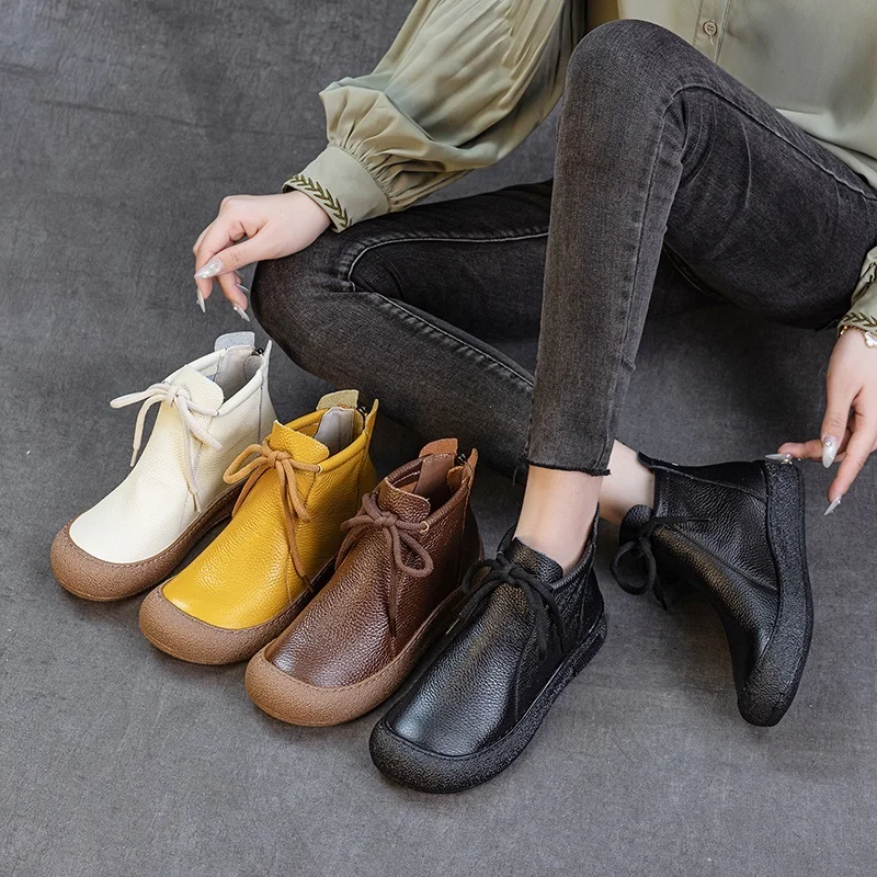 DRKANOL 2026 Women Winter Snow Boots Handmade Retro Back Zipper Genuine Cow Leather Thick Sole Platform Plush Warm Cotton Boots