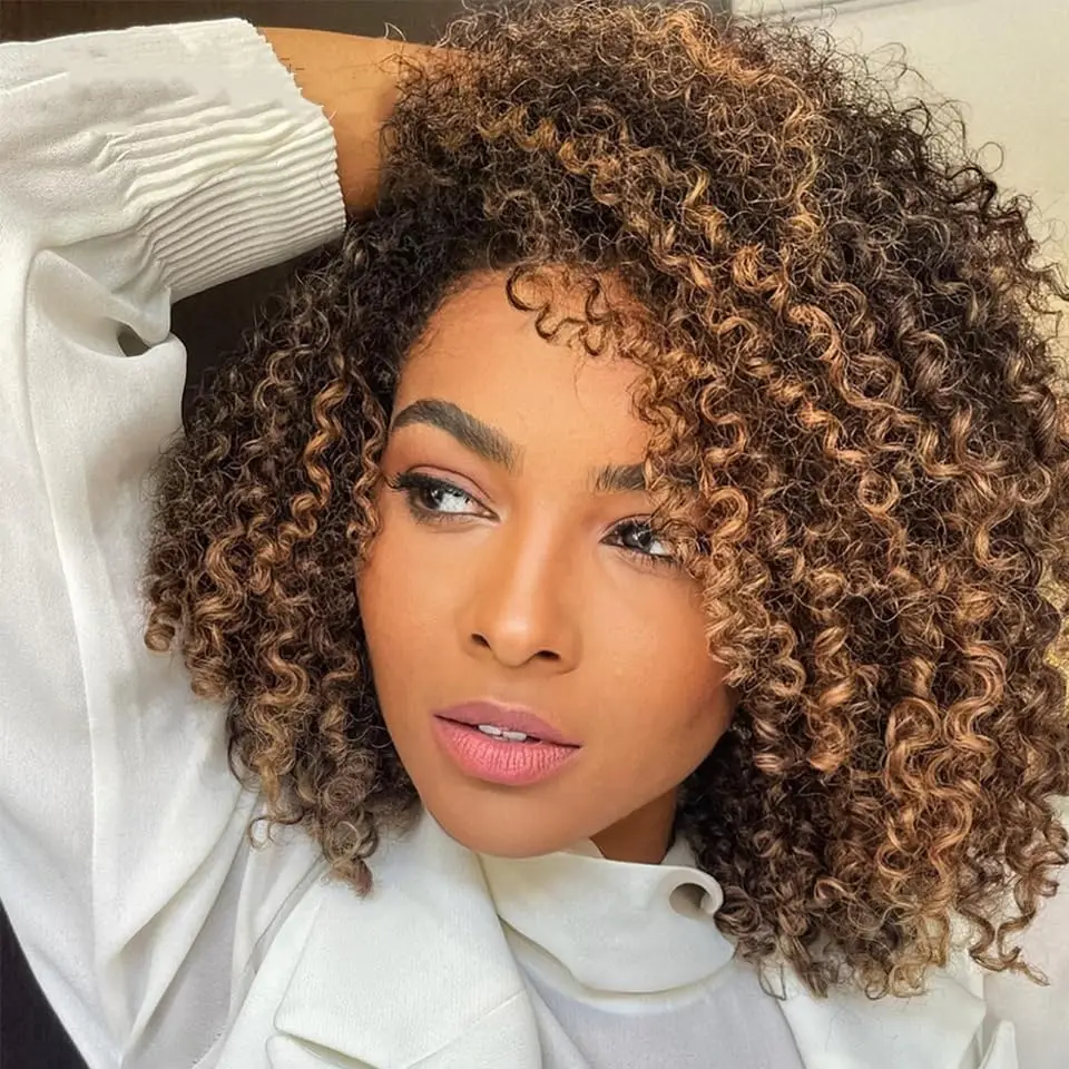 

Afro Kinky Curly Human Hair Wigs Human Hair Wig With Bangs Ombre Highlight Colored Peruvian Jerry Curly Bob Wig For Women