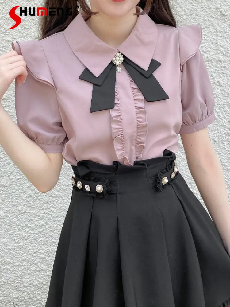 

Rojita Pink Purple Ruffled Shirts 2023 Spring New Japan Style Sweet Flounced Sleeve Blouses for Women Blusas Femininas Elegantes