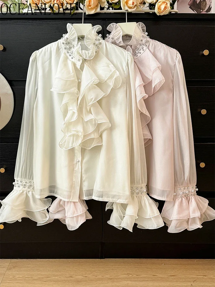 

OCEANLOVE Blouses Solid Beading Flare Sleeve Spring Fall Elegant Women Shirts Ruffles Korean Fashion Retro Blusas Mujer