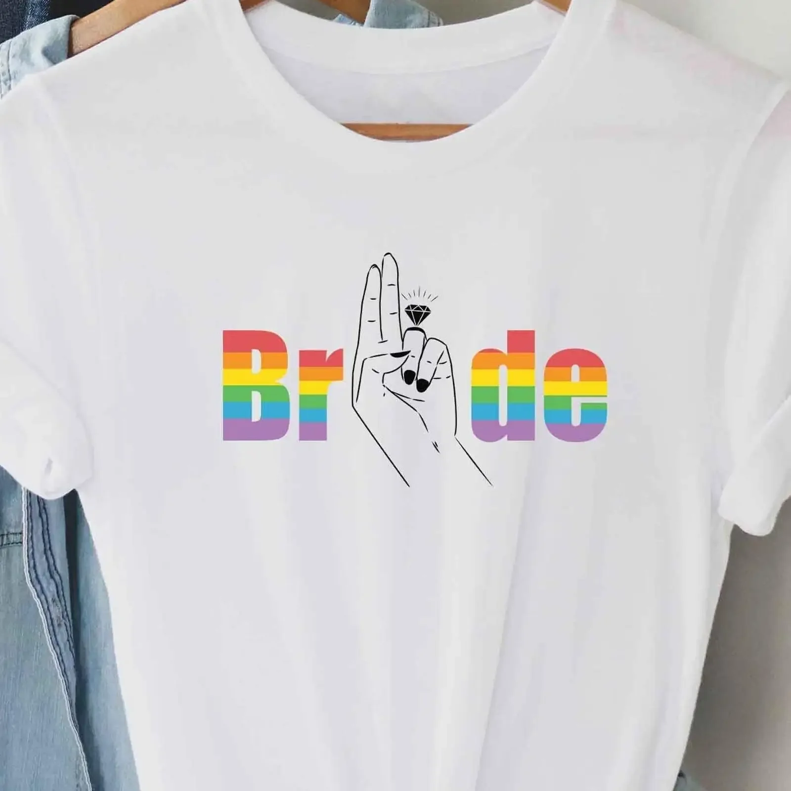 Rainbow LGBTQ Lesbian Bride T Shirt Same Fingers Forever Bachelorette Wedding Engagement Bridal Shower  vintage Washed Soft